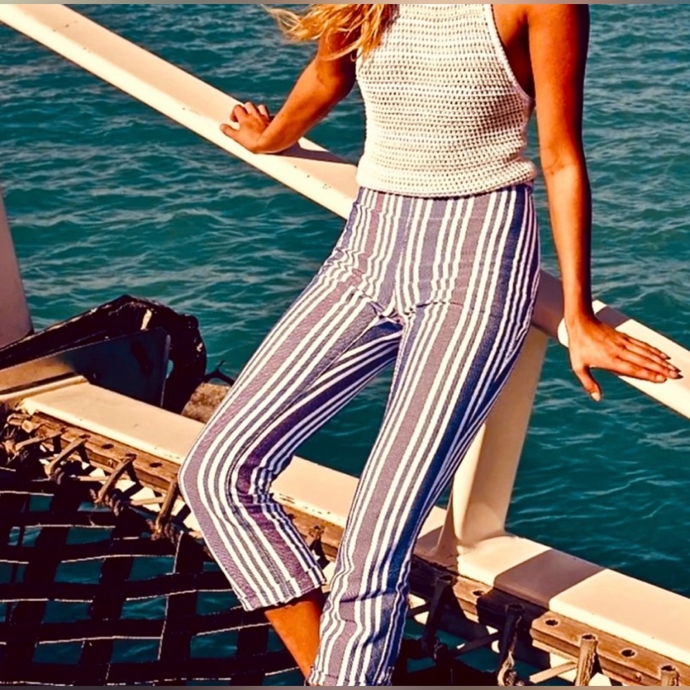 Free People Striped Cropped Pants in Blue and White